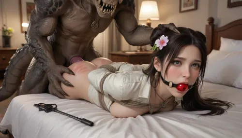 tomb raider is getting aggressively fucked by a massive Deathclaw, bun, long hair, detailed eyes, ((lying on her stomach, arms behind back, rope tied, straitjacket, necklace, earrings, flowers in hair, blushing, ball gag, bedroom, pillows)), photorealistic, thigh high socks, skin boots, medium breasts, buttplug, whip marks, spank marks, naked ass, naked breasts, Interspecies, Deathclaw, Fallout, big penis, lizard penis, mutant male, monster sex, zoophilia, HD, ultra detailed, cum in ass, visible anal penetration