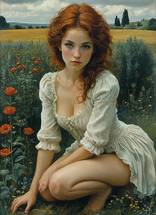 woman, 50 years old, (small body size:1.3), full body, Jean, Delville, style, of, Michael, Cheval, (onoff), (squatting down:1.3), <lora:tbh140-sdxl:.6>, <lora:tbh129-sdxl:.8>