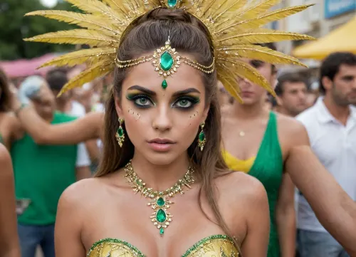 brasilian carneval girl, 20 years, perfect face, perfect body, glitt3r, she likes me a lot, big green eyes, gold yellow outfit, smokey eyes, <lora:glitt3r:.8>