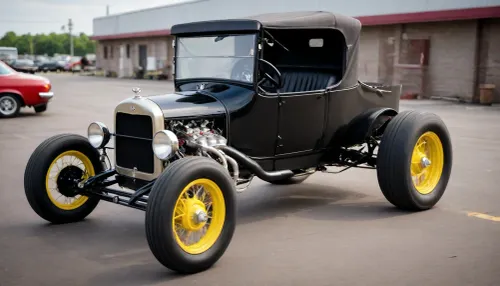 1922 model T I built with the 383 engine stacked carbrater with 4 stackes open to the air engine comprtment drag racing back tires with no fenders the frount end no fenders wuth street racing tires and suspension modified with a gypsy style 1954 John Deere sheep camp backend in the style of rat fink modern hot rod