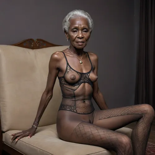 Petiteold granny, 89 year old, Congolese granny, blac skin, tiny body frame, very thin and skinny, ribs and hip bones showing, translucentbody stocking. Legs wide apart, tribal jewelry, sitting in a provocative pose, flashing pussy, full body image, high heel shoes, <lora:PantyPull-000005:.8>, <lora:ahxl_v1:.8>