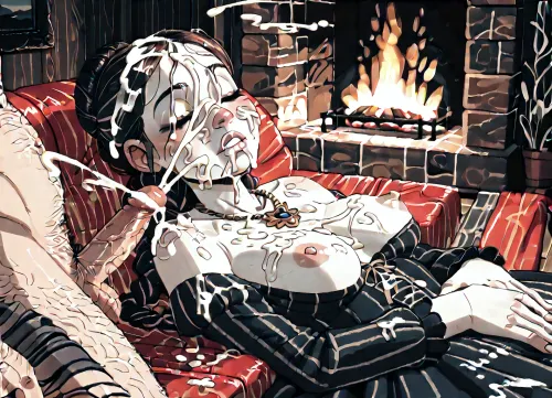 dynamic side view of an innocent American brunette virgin woman who laying on a striped sofa, night time, (natural breasts), (((she is laying on a sofa, asleep, eyes closed))), she is wearing a gold sequin dress, one breast exposed out, victorian parlor, the man has no pants on, she has long braided bun, erect penis, erect nipples, she has a necklace between her breasts, ((pale skin:1.6)), large erect penis, the, (((penis is poking her breast))), she looks extremely satisfied or orgasmic, cum on hair, cum on face, cum on chest, (((cum trails on face, cumshot))), crackling fireplace, (Jack cayless art style), cartoon, low color palette, painted, illustration, made in illustrator, no gradients, incase style, muted colors, sharp outlines, warm low palette, masterpiece, realistic lighting, (j_cartoon:1.5), Drawing, <lora:Penis_XL:1.5>, <lora:ratatatat74-000050:.9>, <lora:outline_xl_kohaku_delta_spv5x:.5>, <lora:cartoon_stickers_xl_v1:.6>, <lora:NEOTOKIOXL_0.2_RC:.4>