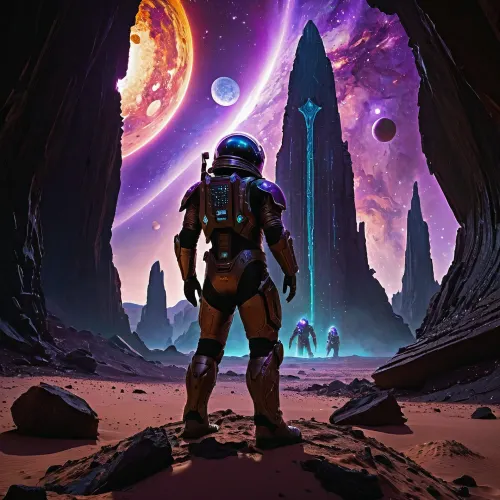 impressionist painting {An astroarchaeologist in an armored spacesuit, standing in front of a towering black obsidian monolith among the ruins of strange buildings, mottled with fractal glyphs that pulsate with bioluminescent energy. Alien ruins spread across the surface of an exotic planet littered with purple sand. A scientist's HUD helmet flickers with blue illumination from a holographic tablet as he busily attempts to decipher the alien symbols. A dying red giant star casts long purple streaks across the stage, its light catching the glow of a thousand other artifacts half-buried in the regolith, each one a puzzle to be solved}. loose brushwork, vibrant color, light and shadow play, captures feeling over form
