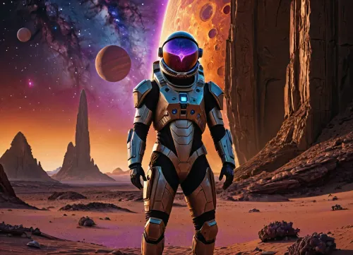 Modern colored pencil sketch {An astroarchaeologist in an armored spacesuit standing in front of a towering monolith mottled with fractal glyphs that pulse with bioluminescent energy. Alien ruins spread across the surface of an exotic planet littered with purple sand. A scientist's HUD helmet flickers with blue illumination from a holographic tablet as he busily attempts to decipher the alien symbols. A dying red giant star casts long purple streaks across the stage, its light catching the glow of a thousand other artifacts half-buried in the regolith, each one a puzzle to be solved}. colored, contrast, tone, texture, details, stylish, elegant