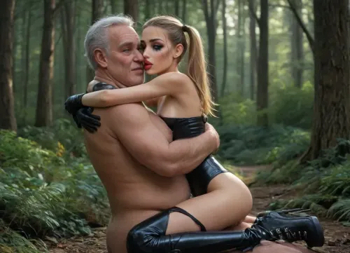 (reiq style), 1 man, 1 girl, UHD 8K, masterpiece, best quality, maximum details, natural lighting, extreme realism, Sexy curvy tanned 20 yo caucasian woman posing in a wide stance, (skinny fit body:1.7), (makeup:1.6), red lipstick, (big lips:1.4), good eyes, long legs, (blonde pigtails hairstyle:1.2), ((tanned skin:1.5)), ((black latex underbust corset with metallic buckles:1.4)), ((tits vivible:1.4)), ((black high heel overnkee boots with metallic buckels:1.4)), ((pussy visible:1.4)), ((black latex gloves:1.2)), ((black latex stockings:1.2)), ((black latex corset:1.2)), ((dark forest)), (hug silicon tits:1.8), (fat old forest dwarf:1.6), big dick, big balls, The girl is on all fours, An old man forces a girl to deepthroat his dick, facefucking, (deepthroat 1.5), viewer from the side