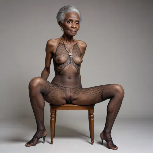Petiteold granny, 89 year old, Congolese granny, blac skin, tiny body frame, very thin and skinny, ribs and hip bones showing, translucentbody stocking. Legs wide apart, tribal jewelry, sirting provocative pose, full body image, high heel shoes, <lora:PantyPull-000005:.8>, <lora:ahxl_v1:.8>