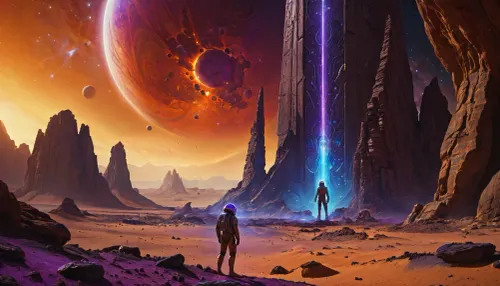 Modern colored pencil sketch {An astroarchaeologist in an armored spacesuit standing in front of a towering monolith mottled with fractal glyphs that pulse with bioluminescent energy. Alien ruins spread across the surface of an exotic planet littered with purple sand. A scientist's HUD helmet flickers with blue illumination from a holographic tablet as he busily attempts to decipher the alien symbols. A dying red giant star casts long purple streaks across the stage, its light catching the glow of a thousand other artifacts half-buried in the regolith, each one a puzzle to be solved}. colored, contrast, tone, texture, details, stylish, elegant