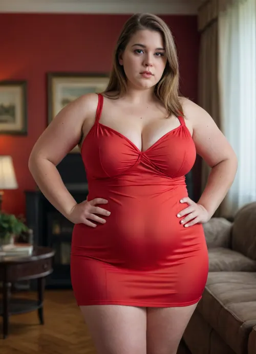 A young, overweight woman with large breasts is wearing an extra-short, sleeveless red minidress. The dress reveals her entire, very fat thighs. She is standing in a normal living room., <lora:Chubby BBW - XL:1.9>