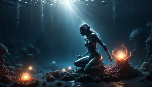In the depths of the ocean, a breathtaking underwater panorama unfolds. In the foreground, a nude 22 years old skinny deep-sea researcher kneels outside her base station, (beautiful face in focus:1.5), anchored firmly to the ocean floor, (She is collecting much glowing seabed samples:1.6), equipped with a breathing mask, yet her body is nude, The scene is set in the darkness of the deep sea, illuminated by powerful spotlights mounted on the research station, casting a cone of light around her. Beyond this illuminated circle, the water is dark and teeming with life, (many various much glowing deep-sea creatures drift around:1.8), (glowing fishes:1.2), (glowing shark:1.2), (glowing octopus:1.5), (their eerie silhouettes hinting at unseen dangers:1.5), Despite the mysterious and potentially perilous environment, the researcher is depicted with remarkable detail, her skin texture, her facial expression, and her hands as she gathers samples, all rendered in high-resolution realism. In the background, the research station appears as a collection of metallic spheres with large, glowing windows, standing out against the dark abyss. Around her, the mysterious and luminous denizens of the deep sea float, adding an element of wonder and suspense. Dramatic lighting from both the station and the diver’s own equipment accentuates the scene, creating a captivating and immersive atmosphere., firm buttocks, ultra-sharp details, realistic skin texture, refined contrast, 8k detail, authentic facial expression, clean composition, (maximum photo quality:1.4), (maximum resolution:1.5), Black, and, white, art, pencil, shading, charcoal, drawing, toned, paper, brutal, b/w, color, scheme, highly detailed various background, DonMSp3ctr4lXL, <lora:Black and white art.V1:.2>, <lora:sea_monster_lora-000003:.9>, <lora:EnvyAetherbornXL01:1.2>, <lora:DonMSp3ctr4lXL-000008:.8>