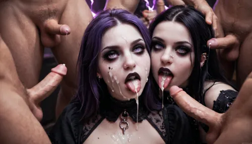 (Gang bang:1.2), 4 men, (2 gothic women:1.3), with long straight purple hair, pale skin, gothic make-up, (small penis:1.4), (cum on face:1.2), tongue out, (cum in mouth:.9), (cum on chest:1.2), pale, skin, Goth, penis, studio lightning, warm lightning, studio, lighting, key, light, fill, rim, back, <lora:Pale_Skin_SDXL_v1.0:.4>, <lora:Goth_v3.5:.4>, <lora:xpenis-1.5e:.8>, <lora:Perfect_Eyes:.2>, <lora:polyhedron_photostudio-000005:.8>