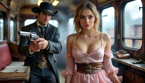 1female, 1male, Create a photorealistic, high-resolution, (robbery scene inside a late 19th-century Wild West train:1.5), In one compartment, a young woman lifts her dress and exposes her vagina while being robbed by a male dirty outlaw, she is 22 years old, sits delicately in a pastel pink dress, pink pussy, wearing white silk gloves. She gazes to a male unkempt outlaw, a 35-year-old male outlaw, exuding a dangerous and seductive aura, he’s clad in a rugged outfit, (with a revolver drawn:1.5), poised to rob the young woman, The contrast between the innocent young lady and the bold outlaw creates a dynamic tension in the scene. The train’s interior should be richly detailed, highlighting the textures of their clothing, the tense atmosphere, and the contrasting personalities., focusing on the textures of her clothing, the elegance of her accessories, and the dynamic atmosphere inside the train, (maximum detail), (super realistic photo:1.4), cloudy, smoke, atmospheric, clouds, fog, skirt, lift, <lora:MJ52:.6>, <lora:Super_Eye_Detailer_By_Stable_Yogi_SDPD0:.3>, <lora:BUT_SDXL_SHS:.3>, <lora:Cloudy_Style:.8>, <lora:skirtLift:1.4>