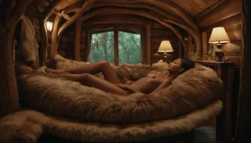 Professional photograph of a bedroom in a fantasy treehouse, the bed covered in furs. Laying on the furs, a sexy slender African-Korean model, shiny glossy glistening tanned brown evenly-coloured skin.

Detailed, 4K