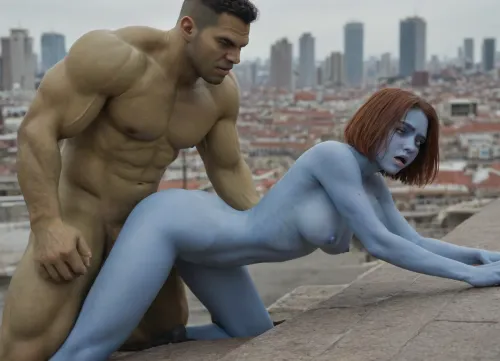 Outdoors, on a skyscraper rooftop, Interracial superhero sex, doggystyle sex, green skin Incredible Hulk is fucking naked 35yo Mystique with his long thick cock., ((Mystique has dark blue skin:1.4), medium breasts, athletic body, hip gap, (narrow waist), pussy cameltoe, Mystique has extremely short bob cut oiled auburn hair), green Incredible Hulk holds Mystique down by her shoulders, Hulk fucks her with his long thick overpowering cock, exposed cock, Mystique is powerless to resist, she is in pain, grimacing, struggling, rough sex, exhausted