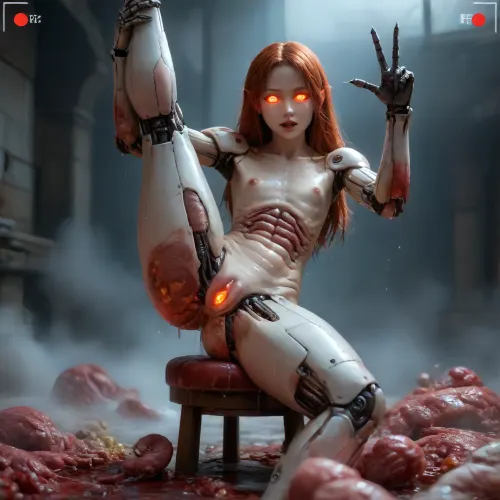 high quality, incredible detail, perfect lighting 1.2, 1 sexy nude anorexic ginger Irish woman, (transforming into a sexy realistic skinny, evil anthropoid succubus girl, split forked tongue dripping, big puffy wet open pussy. they are playing with there erect nipples. sharp teeth futanari. bukkake., (night:1.3), (((mystical fog, white transparent slime liquid wets meat and skin. skinned animals.))), human skulls, skull, high contrast, ((((glowing red eyes. standing splits on pile of fleshy white meat squids and bloody raw meat, entrails, savagely feasting on raw organs, brains, pussy swollen in view finder, (highly detailed face:1.3), (flat chested:1.3))))), neon, lights, dark, ambient, light, (evil eyes:1.3), (long pointed elf ears:1.2), spread legs, (bed:1.3), (realistic dragon claws on her fingernails:1.3), (intense dragon vagina texture)), ((((15 tons of aloe Vera liquid covers the entire scene)))), searching meat pile for sex toys, Photo realistic erotic photo, professional erotic artistic photography, highest-resolution, 32k uhd, hdr, 120mm film photo, breathtaking gorgeous goth anorexic, (skinny anorexic body:1.3), (sadistic slut attitude:1), sexy poses photo realistic skin details, freckles, pimples, dimples, acne, (random view and random angle:1.5), ac_neg1, 4ng3l, face, <lora:SDXL_BetterFaces-LoRA_v1:1>, ((perfect fingers, perfect hands, perfect skin)), tows, ropes, ((pussy visibles, big clitoris visibles, HDR pussy, squat, hyper pussy juice dripping)), (flat chested body proportions), holding breasts, view from side, ((realistic, uhd, highly detailed, 8k)), but, ForniteStyle, <lora:OWStyleYeiyeiArt-8:1.4>, character is woman, full body in frame, face in frame, focus on pussy, ((creampie)), show one middle finger to viewer, one finger, show finger, gives middle finger, (fuck off gesture), (((middle))), Cyberpunk, very wet, commanding, fetish, wet body, dystopian sci-fi future setting, bioluminescent, 8k wallpaper, beautiful face, (skin pores 1.3), [pink, purple], hair, sexual pose, ((robotic cyborg skin), , :1.6), (robotic arms), dark lip gloss, (cyborg:1.7), (robotic legs), full body, sitting on stool, legs spread, legs open, dripping pussy, (huge clit:1.9), hi-detailed pussy, perfect pussy, creepy dark fantasy, (boobs:1.4), exotic hairstyle, ((glowing eyes), , :1.8), (glowing fluids, wet body:1.4)