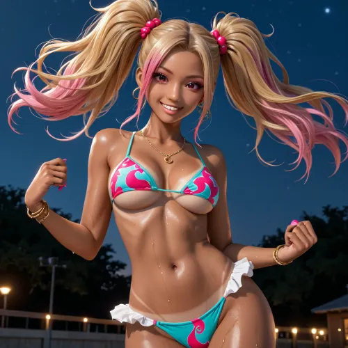 25yo, (naked), japanese, (alt gyaru:1.3), dancer, (dark tan, tanlines), twin-tails, sexy, underboob, bare midriff, bleached blonde hair, (multi-coloured red green blue pink purple dyed hair), mega-massive twirly twintails, big hair, wild dance movements, active dynamic pose, smirk, wet skin, Wide angle. Outdoor night-time cyber city bokeh background., (Windy, wind blowing hair), .
Detailed, 4k., <lora:xl_mega_twintails-1.0:2>