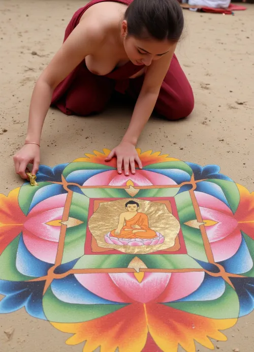 A young Tibetan nun-artist, wearing a toga that slipped off one breast in the process, draws a sacred mandala on sand using multicolored sand made of crushed gemstones. At the center of the mandala is the Buddha, seated in the core of a lotus. Surrounding layers include a ring of multicolored lotus petals, done in tones. The mandala is not yet complete, there is no outer circle. Highly detailed symmetrical composition, rich mineral pigments, authentic Himalayan Buddhist art style, meditative atmosphere.