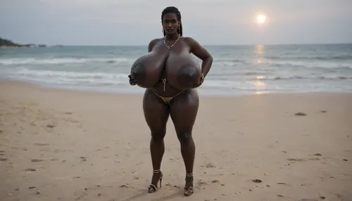 (absolutely black skin:1.85), (gigantic massive huge tits slender beauty model on the beach:1.25), (incredibly floppy saggy tits:1.35), (very large very dark areolae:1.25), erect nipples, seduction, model with full body and face, ((groping tits and ass)), ((very high plateau heels)), (bikini), ((belly chain, anklet, bracelet, jewelry, necklace)), (micro skirt, sun dress), oiled up, light hairy pussy, very detailed image, ultra high definition