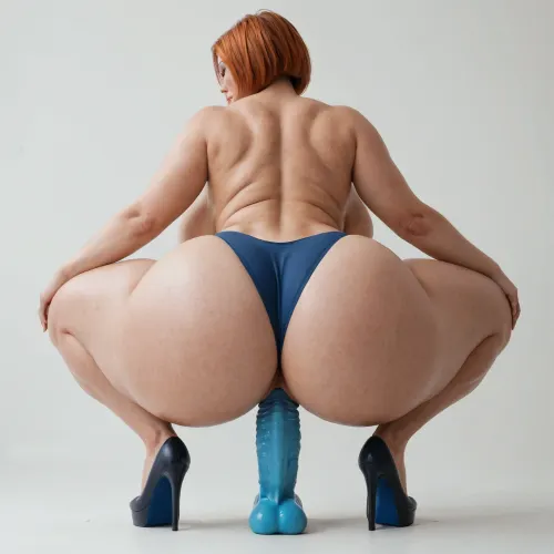 White mature woman, (milf:1.1), short ginger hair, bobcut, (massive breasts:1), (massive ass:1.2), (wide_hips:1.5), navy blue top, navy blue high heels, navy blue panties with open crotch, squatting on a navy blue dildo, ass view from behind, looking forward, eyes closed, mouth closed, (hottest white woman), (ass focus), (very pale skin), white background, white room