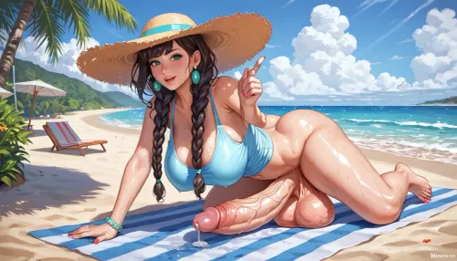 Score_7_up. No clothes. Beach. Futanati, Large hanging balls, Squeezes tits, sitting on a sun lounger

Beautiful body. Many details. Big bubble but. Vein on cock. Precum dripping. dripping sweat.

Huge oversized silicone boobs., Realistic details. Realistic cock, realistic face. Two long braids. Voluminous hair. Huge hips. Feet. Anime

erect-futa, veiny, penis, futanari, bottomheavy, ass, gigantic, thick, thighs, massive, large, breasts, big, boobs, huge, tits, <lora:bombshell_v2:.8>