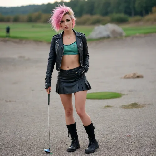 beautiful sexy slender woman, 30 year old, sexy, blonde, small tits, ((playing golf)), ((in a gravel pit)), big rocks in background, caterpillar, colourful hair, black boots, no golf green, punk attitude, no shirt, no bra, only leather jacket, evening light, beautiful face, detailed face, ((short skirt)), ((thong visible)), full body view, wide angle shot, 80s punk clothing, topless expect of leather jacket, <lora:80s_punk_clothing:.8>
