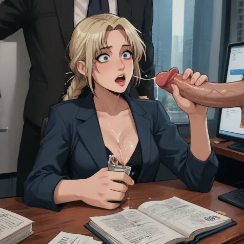 A business woman in high class office clothes with deep neckline is sitting at a office Glass table in front of a man and looks busy in her laptop., (deep neckline:1.1), (cleavage:1.1), Her face is completely covered with cum and some of the cum is on her neck. She she looks completely shocked. She is looking at the cock, A massive amount of cum shoots out of the man's penis and lands on her face, drenching her in cum. The man is stroking his penis back and forth with his hand. The view is from the side. She has Braided Side Sweep Full Length hair. Modern ceo office in a downtown Hightower with far view in downtown city., (handjob), reiq meets markgavatino art style, doodle, ratatatat74, <lora:cutedoodle_XL-000012:.8>, <lora:ratatatat74-000050:.8>, <lora:NEOTOKIOXL_0.2_RC:.8>, <lora:outline_xl_kohaku_delta_spv5x:.8>