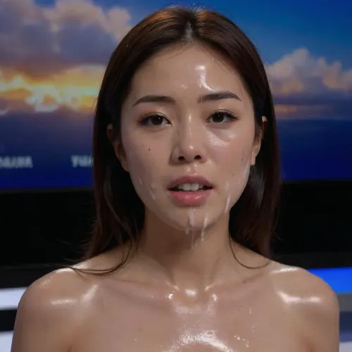 (25 year old Asian Japanese:1.2), Japanese news anchor standing at the news desk of a tv channel, (full body shot), (photo taken from a distance), (whitish transparent liquid, realistic cum), (she has huge amounts of cum on her face:1.4), (live on air presenting the weather forecast:1.2), she is looking straight into the camera, fully clothed, cfnm, huge amounts of cum on her face, cum in her mouth, cum dripping from her chin, freeuse, facialized, superfacialized, <lora:facialized:1.2>