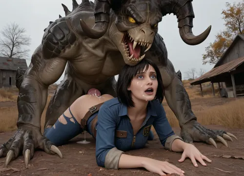 black hair, Lucy is dressed in a Vault suit 13 is getting cumshot by a massive green Deathclaw out in the Capital Wastes, facial, Interspecies, Deathclaw, Fallout, lizard penis, mutant male, monster sex, zoophilia, detailed faces detailed eyes, detailed mouth, detailed pupils, detailed teeth, HD, ultra detailed, outdoors, torn suit, grinning female, eyes rolled back, gloomy setting, capital wasteland setting, perfect eyes, cumflation