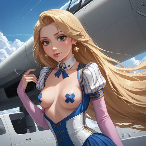 Rapunzel, Air Hostess, in the aisle of a plane, slutty hostess outfit, wearing colar, Brown eyes, short, petite, long flowing hair, nipple tape, 1girl, solo