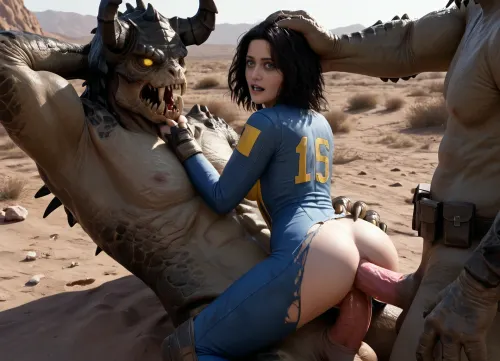(masterpiece, ultra detailed, best quality, soft shadows, soft light), Fallout style, dirty Lucy MacLean, dressed in a Vault-suit 13, is getting aggressively fucked by a massive green Deathclaw in the desert, ((anal covgirl)), grab head, ((she has black hair and dirty skin, natural tits)), ((she has trimmed public hair:1.3)), Interspecies, Deathclaw, Fallout, lizard penis, mutant male, monster sex, zoophilia, dirty torn Vault-suit, detailed faces, detailed eyes, detailed mouth, detailed pupils, detailed teeth, HD, ultra detailed, outdoors, grinning female, pain scream, wide open eyes, perfect eyes, cumflation