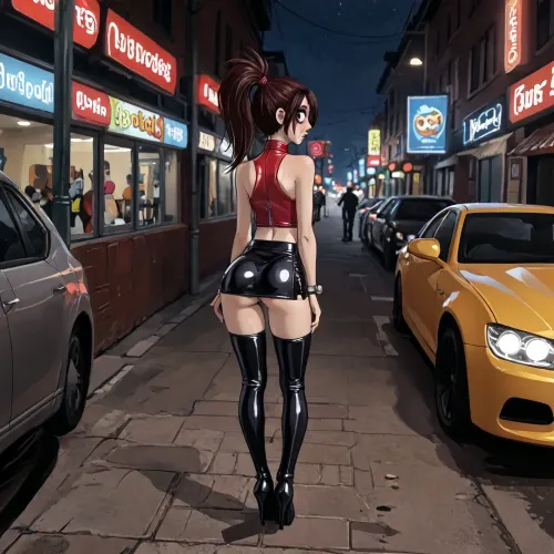 reiq meets innv and Jack cayless art style, skinny 18 year old, prostitute, trashy, tatoos, heavy makeup, ponytail, indecent, tiny, rotated upper body, view from behind, ((latex microskirt, in her hand, round firm buttocks)), flashing ass, (open zips), (crowded sidewalk at night), Cologne Germany, cars in backround, (flash photography), sexual seductiv behavior, skinny, bad neighborhood, perfect face, eye contact, little_caprice, (full body view from head to toe), ratatatat74, <lora:LCMTurboMix_Euler_A_fix:1.4>, <lora:EnvyBeautyXL02:1>, <lora:mk_Bp Anime_xl:1>, <lora:EnvyAnimeDigitalPaintingXL01:1>, <lora:ratatatat74-000050:1.9>