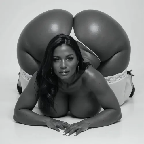 white background, white room, (black&white:1.9), (milf:1.2), naked mature busty black african woman, (extremely long smooth black hair:1.6), (wide_hips:1.5), (Massive ass:1.2), thin waist, (massive breasts:1), white stockings, white corset, white thong, white high heels, solo_focus, sensual, seductive, parted lips, ((looking forward, front view)), looking at the viewer, four on the floor, all_fours, ass towards the viewer, ass up.