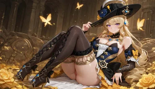 Adult, full-length girl, beautiful, fluffy dress, black steampunk style costume with yellow elements, gothic style dress, Navia from the game Genshin Impact, (long yellow hair), purple eyes, happy smile, 1 girl, bare breasts, pussy visible from under the dress, looking at viewer, shiny skin, blush, bangs, woman, _jbright__, (genshin, impact), solo, navia, (genshin, impact/), jewelry, black thigh-high stockings, black studded thigh-high boots, <lora:Navia_XL_LoRA:2>