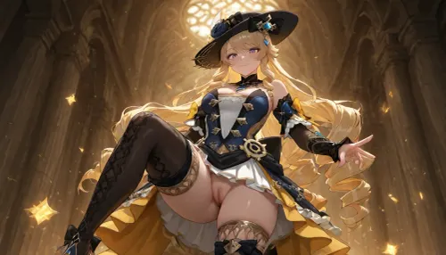 Adult, full-length girl, beautiful, fluffy dress, black steampunk style costume with yellow elements, gothic style dress, Navia from the game Genshin Impact, (long yellow hair), purple eyes, happy smile, 1 girl, bare breasts, pussy visible from under the dress, looking at viewer, shiny skin, blush, bangs, woman, _jbright__, (genshin, impact), solo, navia, (genshin, impact/), jewelry, black thigh-high stockings, black studded thigh-high boots, <lora:Navia_XL_LoRA:2>