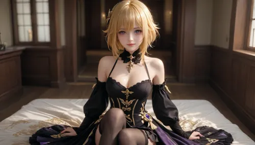 A full-length adult girl, wearing a beautiful, full dress, wearing a black steampunk costume with yellow elements, a gothic dress style, Navia from the game Genshin Impact, long yellow hair, large purple eyes, a happy smile, 1 girl, breasts, firm breasts, firm nipples, uncensored, looking at viewer, shiny skin, blush, bangs, woman, _jbright__, (genshin, impact), solo, navia, (genshin, impact/), jewelry, black thigh-high stockings, <lora:Navia_XL_LoRA:2>