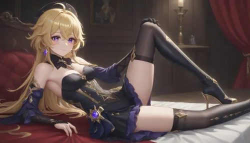 Adult, full-length girl, beautiful, fluffy dress, black steampunk style costume with yellow elements, gothic style dress, Navia from the game Genshin Impact, (long yellow hair), purple eyes, happy smile, 1 girl, looking at viewer, shiny skin, blush, bangs, woman, _jbright__, (genshin, impact), solo, navia, (genshin, impact/), jewelry, black thigh-high stockings, black studded thigh-high boots, <lora:Navia_XL_LoRA:2>