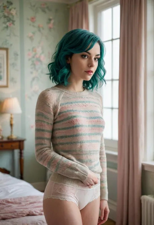 a dark blue-green hair woman, standing in a softly lit, vintage-style bedroom. Her skin is fair, and she gazes over her shoulder with a slightly pensive expression. She wears a cream-colored, long-sleeved, cable-knit sweater that accentuates her slender frame and a pair of lacy, pastel-patterned panties with pink and white stripes featuring delicate floral accents. The room's decor is cozy and feminine, with pastel-colored wallpaper featuring a floral pattern and a large window behind her, allowing natural light to flood the space, creating a soft, ethereal glow.