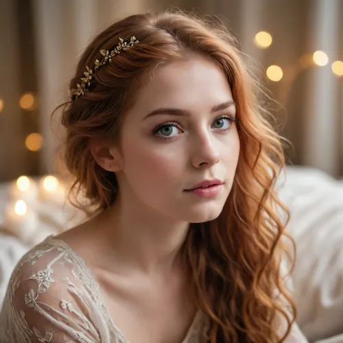 eine jungen Frau mit langen, lockigen roten Haaren, die über die Schultern fallen, trägt ein tiefrotes transperentes Spitzenoberteil mit V-A-Ausschnitt, Pose leicht seitlich, Blick ruhig, weiches licht, warme Hauttöne, goldene Highlights, unscharfer Hintergrund mit sanftem Bokeh, geringe Tiefenschärfe, romantischem Flair, natürliche Hautstruktur, Kleidung und Haare zeigen feine Texturen, Farbstimmung warm, leichter glowy Finish, Glanz auf Haaren. /©KlTTY-ART/