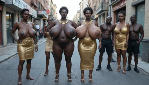 (realistic image), ((several street hookers luring male customers:1.5)), (many African street hookers standing around), (stroking, grabbing, groping, squeezing:1.5), seduction, teasing, waiting for money, (African prostitute presenting gigantic saggy breasts:1.95), (absolutely black skin:1.45), ((huge belly, hairy pussy)), (dressed in gold sexy low cut dress), heaving ample bosom, hourglass figure, voluptuous body, rich decorated, jewelry, large necklace, bracelet, anklet