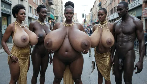 (realistic image), ((several street hookers luring male customers:1.5)), (many African street hookers standing around), (stroking, grabbing, groping, squeezing:1.5), seduction, teasing, waiting for money, (African prostitute presenting gigantic saggy breasts:1.95), (absolutely black skin:1.45), ((huge belly, hairy pussy:1.25)), (dressed in gold sexy low cut dress), ((heaving ample bosom, hourglass figure, voluptuous body)), ((rich decorated, jewelry, large necklace, bracelet, anklet))