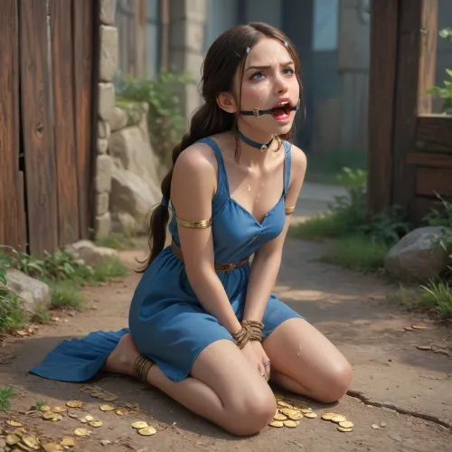 Gold coins, blue dress, angry, Katara, 1girl, tied, tied arms, tied legs, solo, kneeling, cum on face, full body, outdoor, ring gag, open mouth gag, price