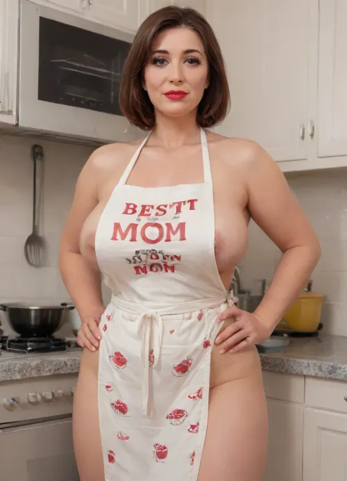 an extremely beautiful, ((old woman)), with a short blonde classic bob cut, (big natural tits:1.4), she only wears a big kitchen apron covering most but not all of her breasts, (the following text is printed on the apron, "Best Mom":1.8), the apron is tied around her back and her neck and basically leaves her back fully naked, she is cooking dinner in the kitchen by stirring some pot on the stove, front view, ((very low angle)), photo realism, masterpiece, best quality, legendary, tits, xl, bottomheavy, big, ass, huge, gigantic, thick, thighs, massive, text, as, "Best Mom", style_brush, style_bebas, <lora:Legendary Tits XL:1.3>, <lora:bottomheavy_v1_sdxl_LoRA:.1>, <lora:textxl:1.7>