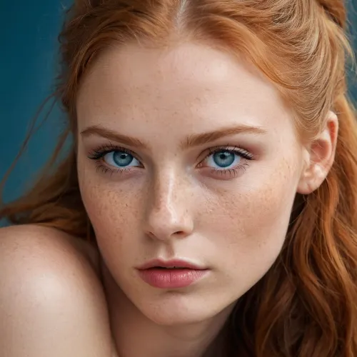 ziprealism, (score_9, score_8_up), ((Detailed portrait of a young Scandinavian super model, insanely beautiful)), closeup shot, sharp focus, high saturation, high contrast, portrait, focus on eyes, detailed bright blue eyes, detailed smokey makeup, detailed long eyelashes, detailed red lips, (detailed freckled face), (detailed ginger hair, tight ponytail)