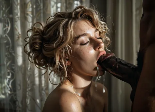 (Masterpiece, 8k UHD, score_9, realistic, raytracing, soft shadow, global illumination, caustics lights, detailed intricate background), (1 african-american man, 1 Caucasian girl), (light brown hair color, messy bun hairstyle, unkempt disheveled hair), (natural saggy breasts with pierced nipples, freckles), hotel, cum drooling, (turning head on side, beautiful sleeping face), (very arched back), (perfect massive black african cock leaning on face, imminent blowjob, open mouth), (cum drenched, cum gargling, blue eyes, freckles, stretchmarks), close_up_detailed_shot_of1, <lora:SDXLHighDetail_v6-000005:1.2>, <lora:Midjourney Image Enhancer XL v1:1.2>, <lora:close_up_detailed_shot_of1:1.2>, <lora:dark:1.2>
