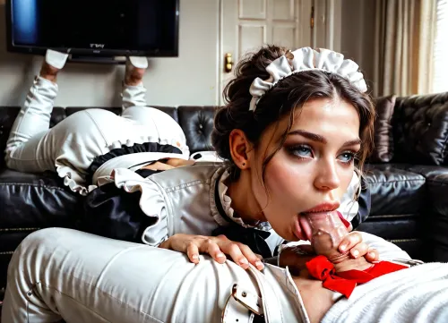 1 man, ((white man:1.5), relaxing sitting on big white leather couch, Watching TV), (open pants, exposed erect average cock), (petite Russian girl laying on stomach, by her side, on big white leather couch, ((deepthroat:1.3), visible tongue out:1.2)), (sucking cock, Watching TV), ((one arm grab updo hair)), full body view, (8k, UHD, best quality, photorealistic, highres, ultra-detailed, HDR, bright sunlight), girl wear maid dress bare buttocks, man wear office suit and tie., victorian, maid, amazing, people, <lora:araminta-amazing_people:.5>, <lora:Detailed_female_hands-000001:.5>, <lora:xl_victorian_maid_dress-1.0:.4>