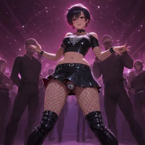punk woman, (short black pixie hair), (narrow hips:1.2), thin legs, in club, disco lighting, wearing black shirt, leather skirt, black fishnets, tall boots, dancing with other diverse people, (titanium pink chastity device partially visible under skirt:1.4), (men and women in various colourful clothes)