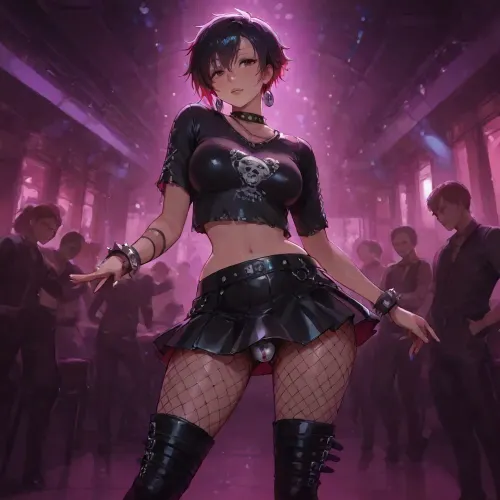 punk woman, (short black pixie hair), (narrow hips:1.2), thin legs, in club, disco lighting, wearing black shirt, leather skirt, black fishnets, tall boots, dancing with other diverse people, (titanium pink chastity device partially visible under skirt:1.4), (men and women in various colourful clothes)