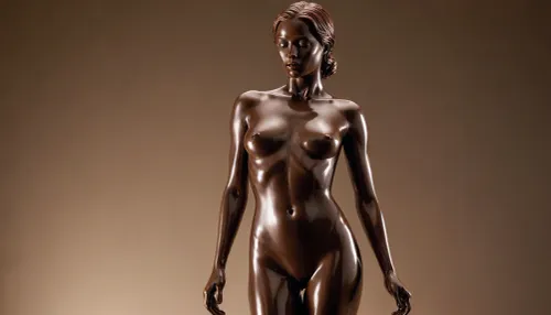 (full body view), A Sculpture of nude woman made of glossy chocolate, with a smooth, reflective surface. The rich polished lacquer shimmers under warm lighting, emphasizing its intricate details.
