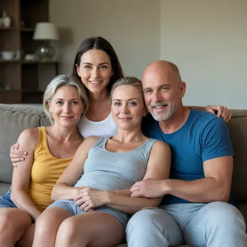 "Ultra-realistic photography, natural imperfections, a relaxed moment."
An ultra-realistic photograph of a family of three sitting together on a sofa in a modern living room in natural daylight.

The mother is seated in the middle. She is 75 years old, slightly above average height, with shoulder-length ash-colored hair, narrow blue eyes, a small upturned nose, thin lips, a medium build, and small breasts. She is wearing a yellow tank top and blue shorts.

To her right is the father, 70 years old, above average height, overweight, bald on top, shaved at the sides, and a clean-shaven face. He is wearing blue sweatpants and a white tank top.

To her left is their 50-year-old husband. He is tall, blond, has short hair, and is clean-shaven. He is wearing gray shorts and a tank top.

All three are sitting close together, relaxed, and look like a family. The photograph is well-lit by soft daylight from the window. It features realistic skin texture, natural facial expressions, high detail, soft shadows, a 35mm lens effect, and a shallow depth of field.