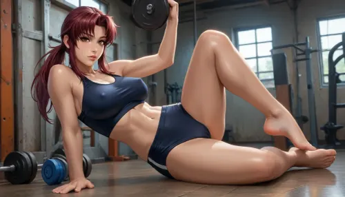 (reiq style:1), masterpiece, (full body in shot), (Revy from Black Lagoon), on the floor, ((doing a side split)), (muscular, athletic build, large breasts, wide hips), ((bronze skin, brown skin)), tight gym shorts, tight sports bra, (visible toes), perfect feet, bare feet, mma gym, sexy, camel toe, 1 girl, (intense blushing), pussy_peak, solo