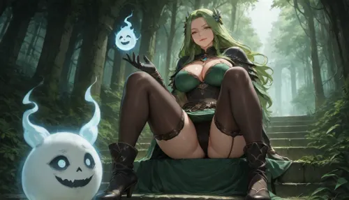 (((nature mystic, milf))), muscular, verdant magic aura, (((sitting on step))), legs apart, (((wisp haunted overgrown ruins, high fantasy setting))), dark night, smirking, stockings, gloves, ((upskirt view))